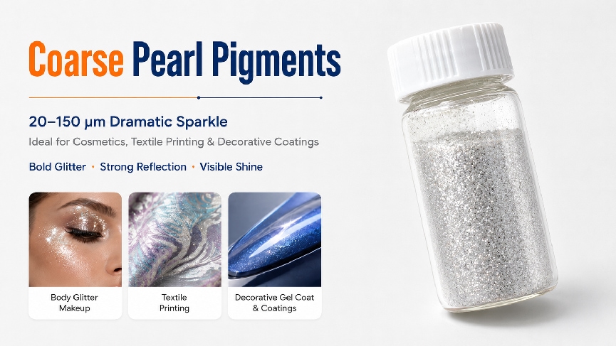 Fine medium coarse pearl pigment particle size applications for coatings cosmetics inks and plastics